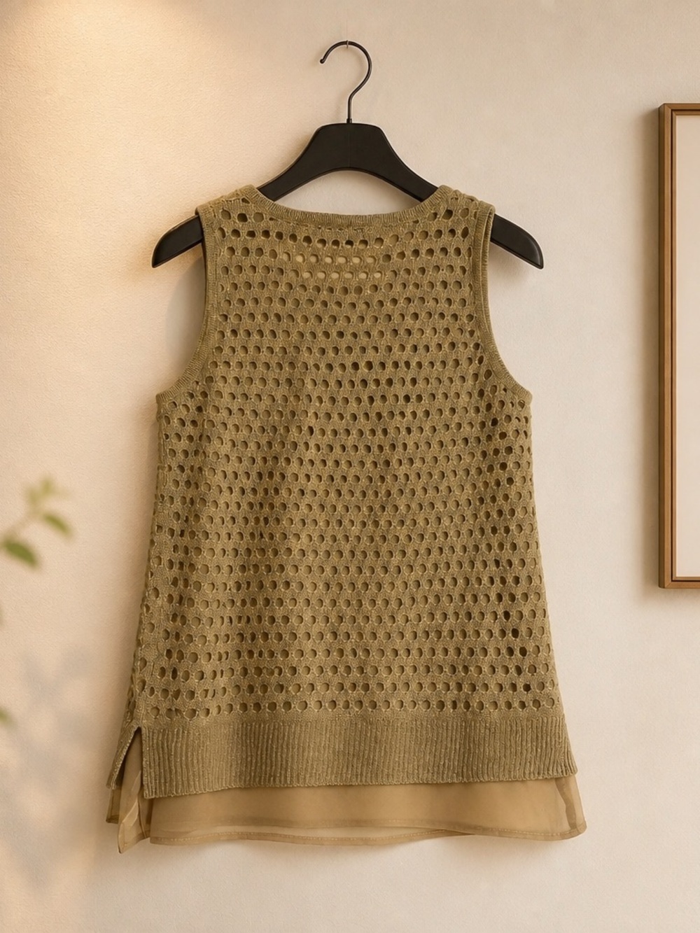 Sleeveless Olive Open-Knit Layered Tank Top